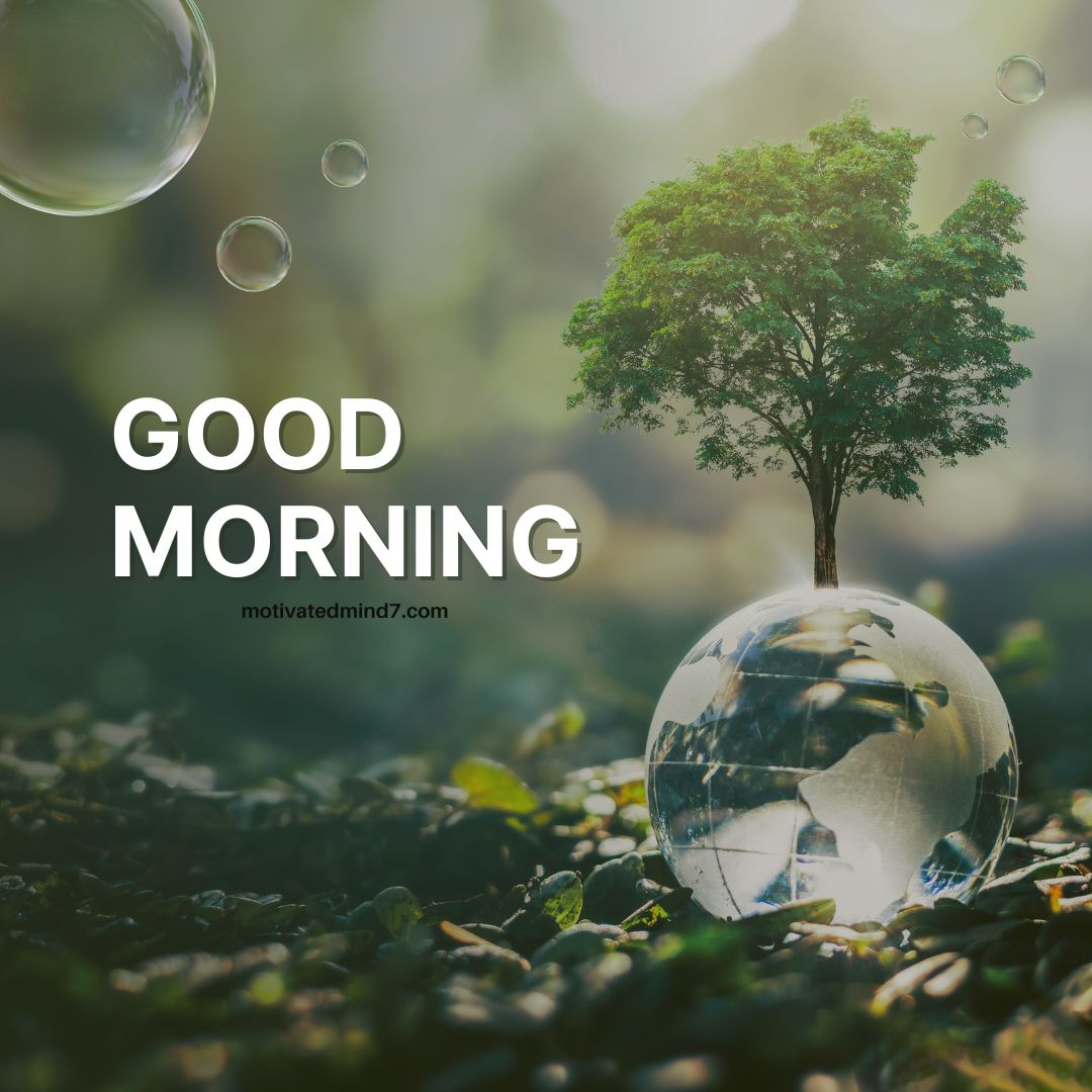 a serene scene with a tree growing out of a glass globe that resembles the Earth. The background is blurred with a greenish hue, and there are a few bubbles floating around.