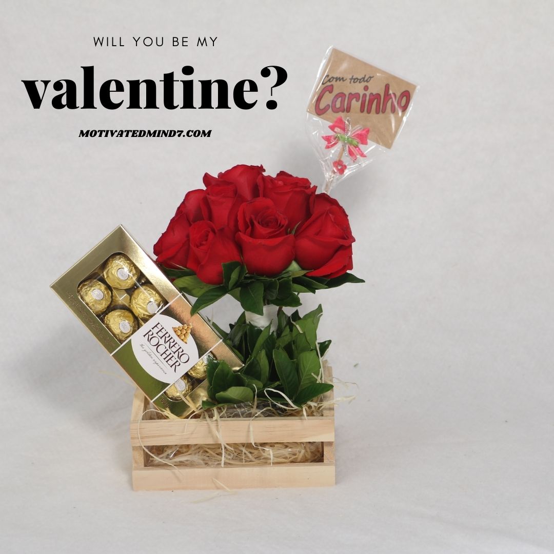 A rose bouquet with Ferrero Rocher chocolate pack in the wooden basket.