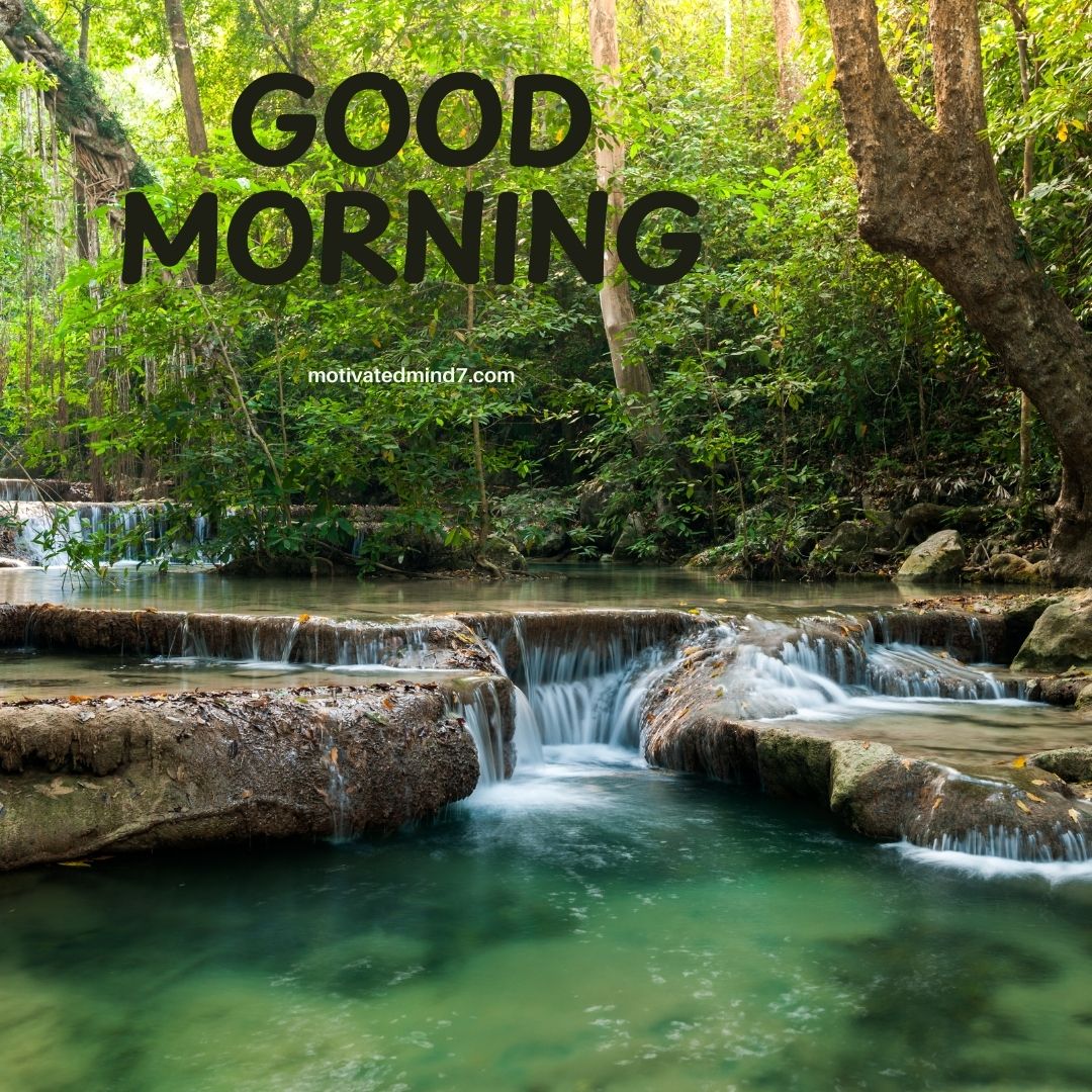 A breathtaking natural good morning image featuring a cascading waterfall flowing over layered rocks into a clear turquoise pool, surrounded by a lush green forest. Sunlight filters through the dense canopy of trees, casting a warm glow on the water and foliage. The words 'GOOD MORNING' are displayed in bold black font at the top of the image, creating an uplifting and refreshing morning greeting. The website 'motivatedmind7.com' is subtly placed in the center, blending harmoniously with the serene backdrop. This image radiates peace, tranquility, and the beauty of nature, making it a perfect way to start the day with a positive and calming vibe.
