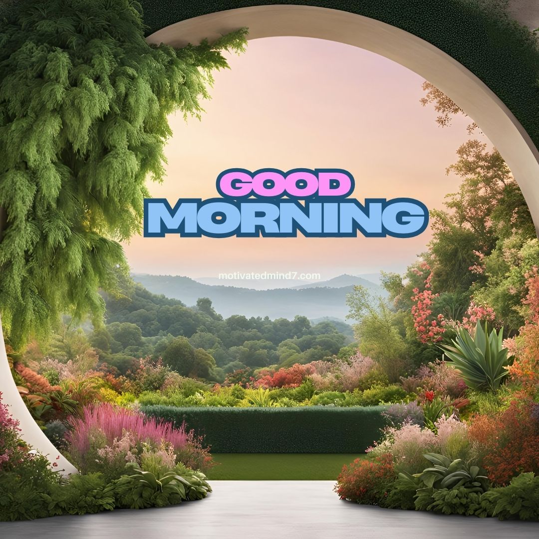 A stunning good morning image landscape viewed through an elegant circular archway, surrounded by lush greenery and vibrant flowers. The scene features rolling green hills covered in mist, with a soft sunrise casting a warm glow across the sky in shades of peach and pink. The foreground showcases a beautifully manicured garden with colorful plants, including pink, red, and green foliage.