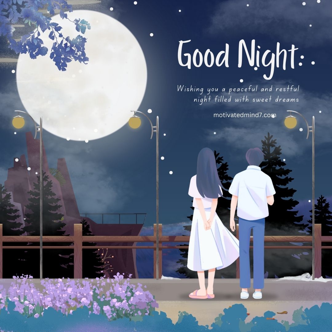 Illustrated Good Night Scene featuring a couple standing side by side on a pathway with a wooden railing, illuminated by street lamps on either side. The couple faces a large full moon in a night sky filled with scattered stars and clouds. They are surrounded by trees, flowers, and distant mountains. The text 'Good Night: Wishing you a peaceful and restful night filled with sweet dreams' is prominently displayed.