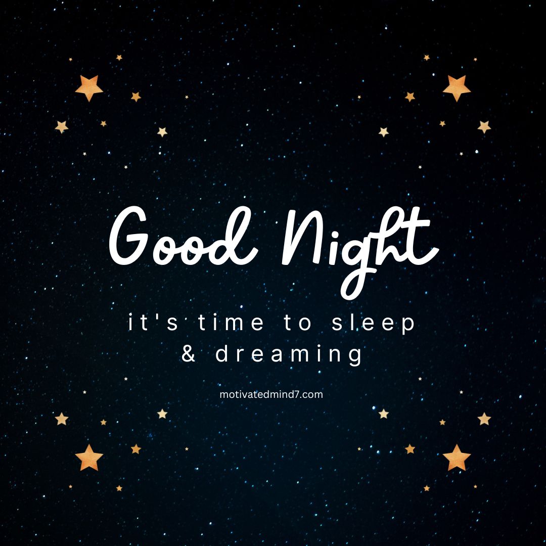 Night Sky filled with small and large yellow stars scattered across a dark background. At the center of the image, the text reads: 'Good Night, it's time to sleep & dreaming. The serene and whimsical nature of the image creates a peaceful atmosphere, perfect for a good night's rest.