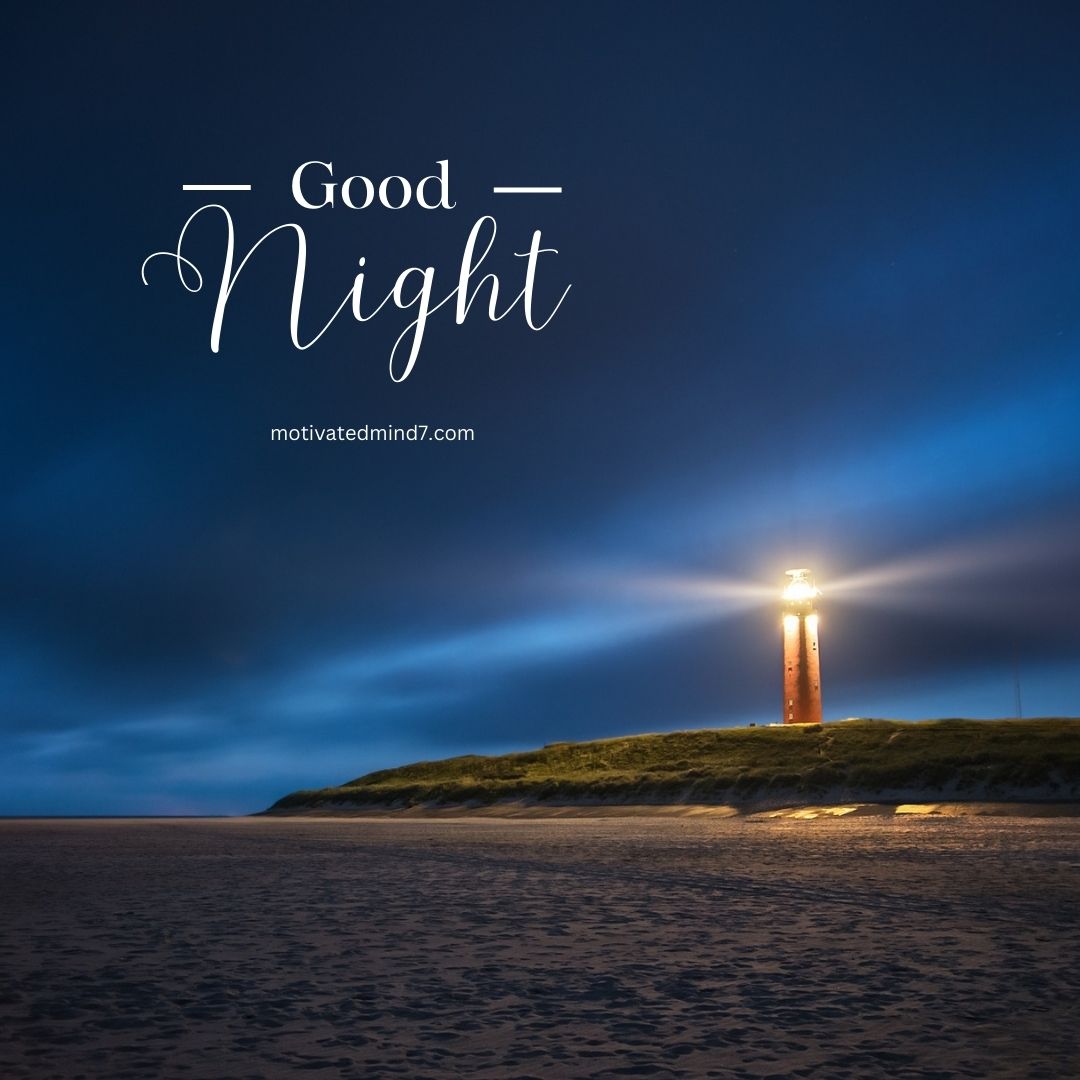 Nighttime Scene with a Lighthouse on a Grassy Hill: The image features a serene nighttime setting with a lighthouse situated on a grassy hill. The lighthouse emits light beams across the dark sky. In the foreground, there is a sandy beach, adding to the tranquil ambiance. The sky is a deep blue with some clouds. 